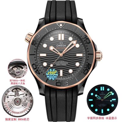 Omega Seamaster 43.5MM Ceramic-made Rose Gold Case Luminous Coating 8806 Movement Rubber Band Watch